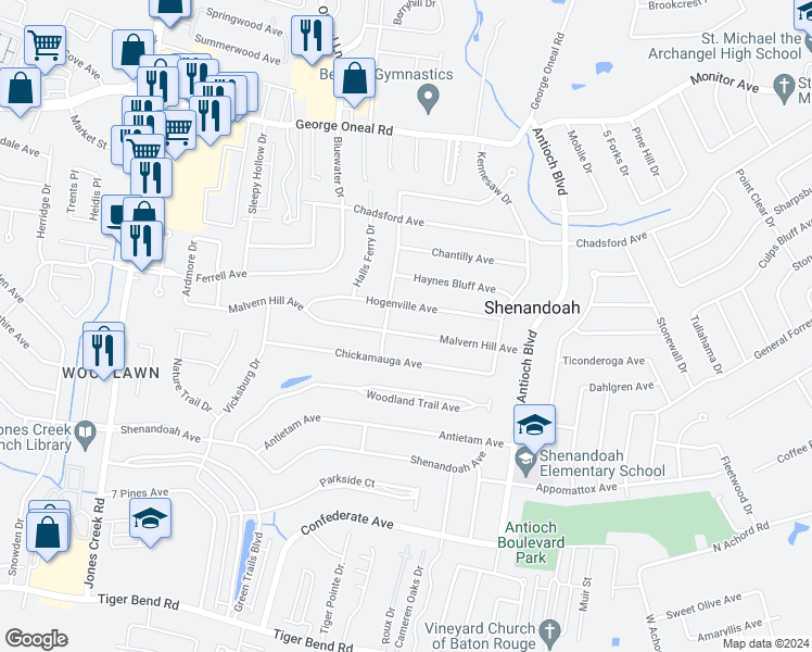 map of restaurants, bars, coffee shops, grocery stores, and more near 15859 Malvern Hill Avenue in Baton Rouge