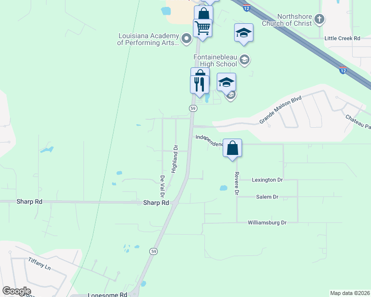 map of restaurants, bars, coffee shops, grocery stores, and more near 3300 Louisiana 59 in Mandeville