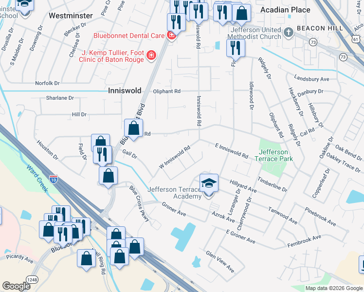 map of restaurants, bars, coffee shops, grocery stores, and more near 9441 W Inniswold Rd in Baton Rouge