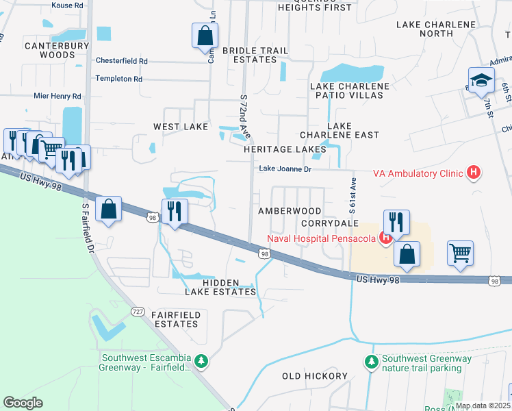 map of restaurants, bars, coffee shops, grocery stores, and more near 692 South 72nd Avenue in Pensacola