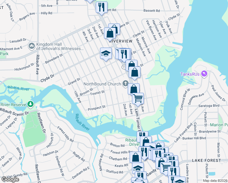 map of restaurants, bars, coffee shops, grocery stores, and more near 8755 4th Avenue in Jacksonville