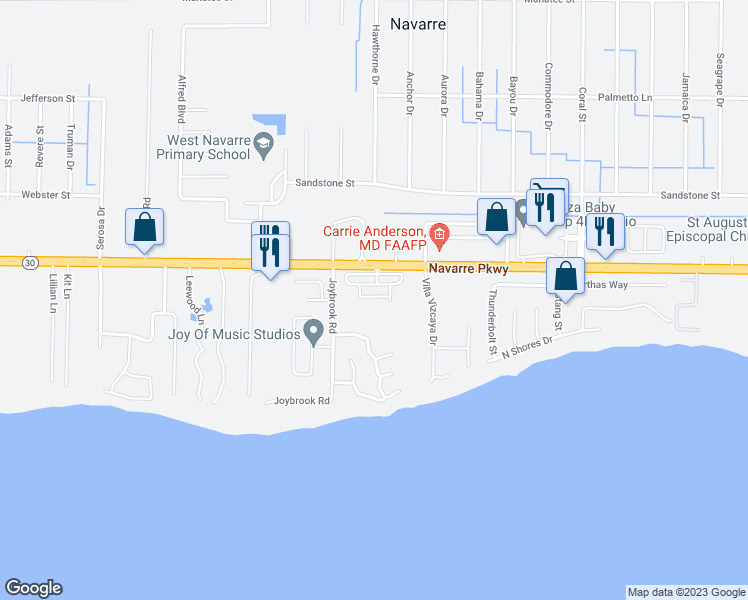 map of restaurants, bars, coffee shops, grocery stores, and more near 7381 Navarre Parkway in Navarre