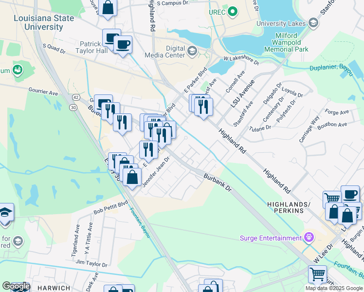 map of restaurants, bars, coffee shops, grocery stores, and more near 389 Jennifer Jean Drive in Baton Rouge