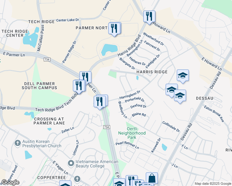 map of restaurants, bars, coffee shops, grocery stores, and more near 12800 1/2 Harrisglenn Drive in Austin