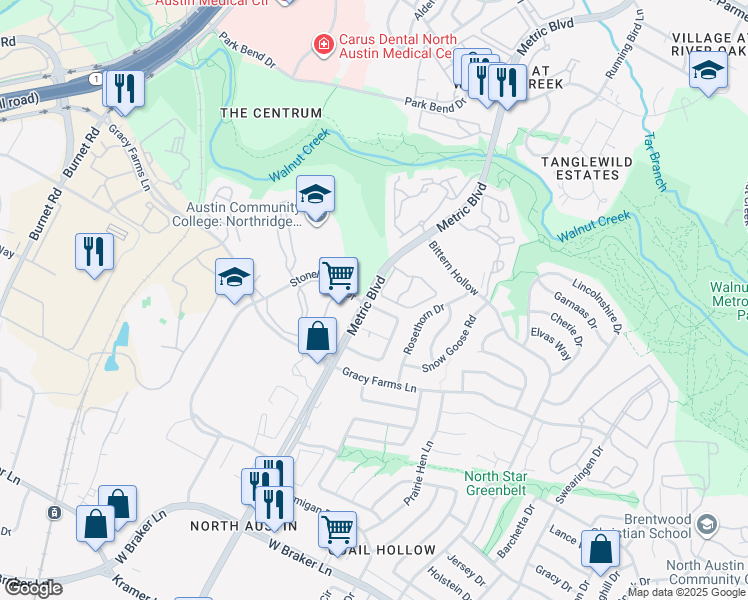 map of restaurants, bars, coffee shops, grocery stores, and more near 11951 Sunhillow Bend in Austin