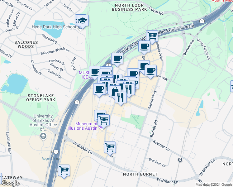 map of restaurants, bars, coffee shops, grocery stores, and more near 11410 Century Oaks Terrace in Austin
