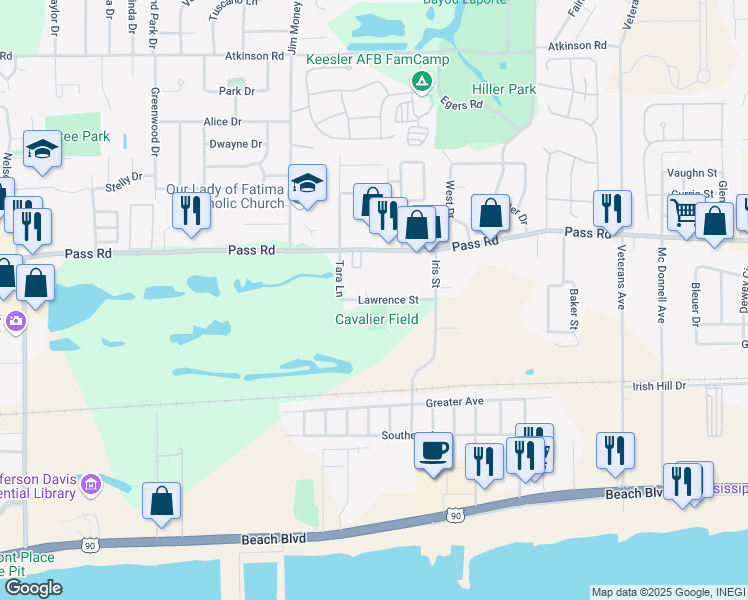 map of restaurants, bars, coffee shops, grocery stores, and more near 2003 Lawrence Street in Biloxi