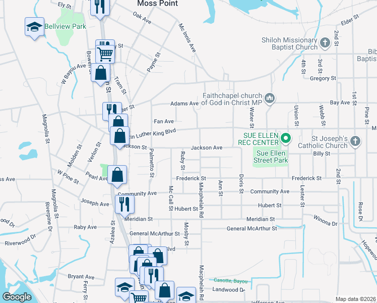 map of restaurants, bars, coffee shops, grocery stores, and more near 4730 Jackson Avenue in Moss Point