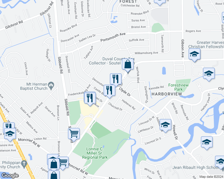 map of restaurants, bars, coffee shops, grocery stores, and more near 8911 Devonshire Boulevard in Jacksonville