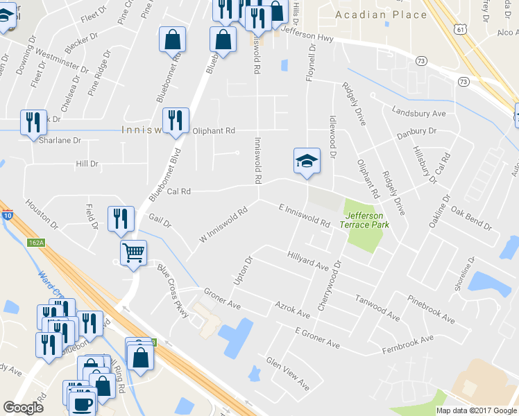 map of restaurants, bars, coffee shops, grocery stores, and more near 9620 East Inniswold Road in Baton Rouge