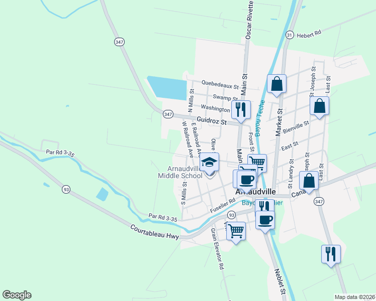 map of restaurants, bars, coffee shops, grocery stores, and more near White Lane in Arnaudville