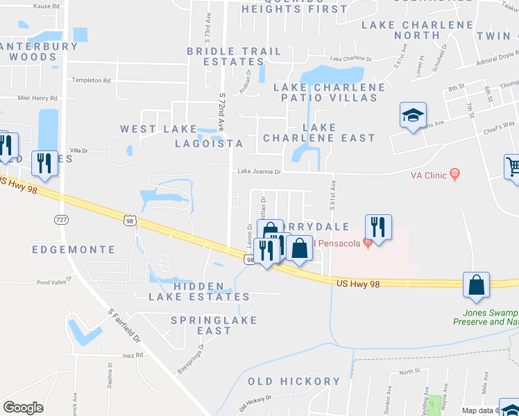 map of restaurants, bars, coffee shops, grocery stores, and more near 821 Christian Drive in Pensacola