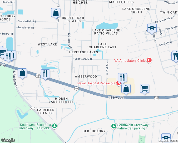 map of restaurants, bars, coffee shops, grocery stores, and more near 850 Amberway Drive in Pensacola