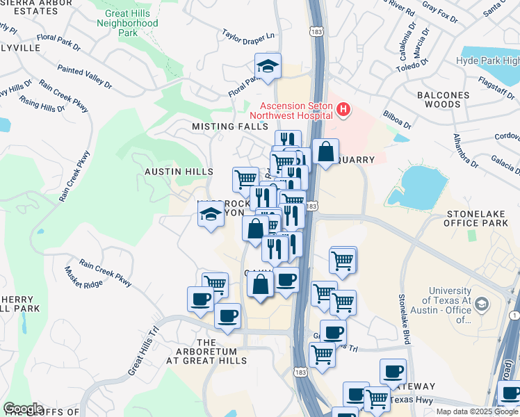 map of restaurants, bars, coffee shops, grocery stores, and more near 10900 Jollyville Road in Austin