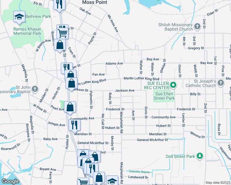 map of restaurants, bars, coffee shops, grocery stores, and more near 4730 Jackson Avenue in Moss Point