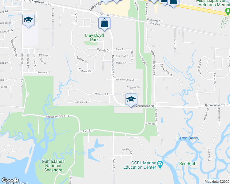 map of restaurants, bars, coffee shops, grocery stores, and more near 2501 Promenade Boulevard in Ocean Springs