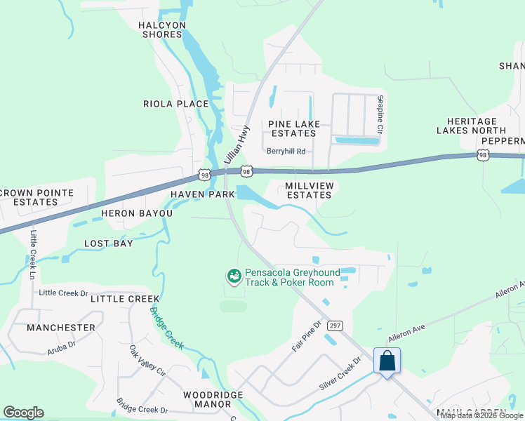 map of restaurants, bars, coffee shops, grocery stores, and more near 833 Oak Alley in Pensacola