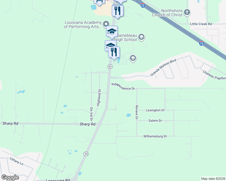 map of restaurants, bars, coffee shops, grocery stores, and more near 3300 Louisiana 59 in Mandeville