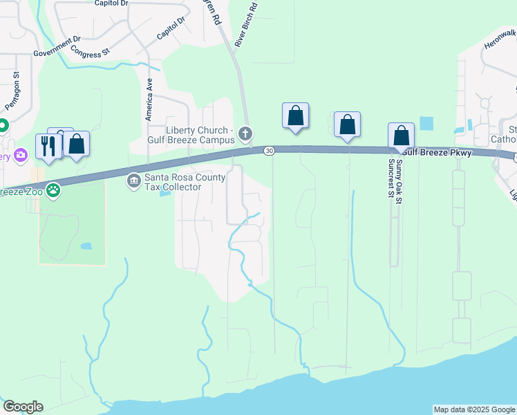 map of restaurants, bars, coffee shops, grocery stores, and more near 1709 Antibes Circle in Gulf Breeze