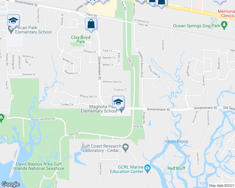 map of restaurants, bars, coffee shops, grocery stores, and more near 2513 Promenade Boulevard in Ocean Springs