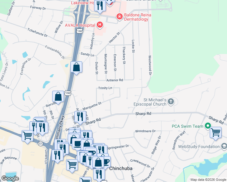 map of restaurants, bars, coffee shops, grocery stores, and more near 27 Rivage Court in Mandeville