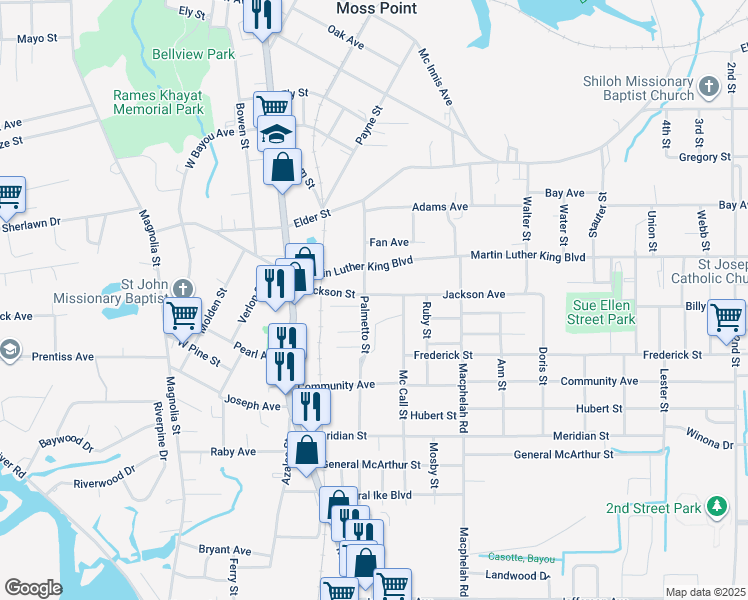 map of restaurants, bars, coffee shops, grocery stores, and more near 4106 Palmetto Street in Moss Point
