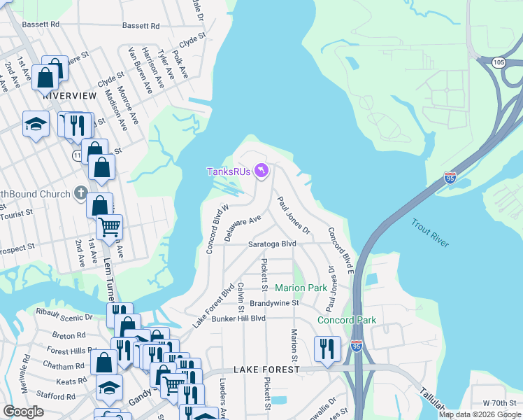 map of restaurants, bars, coffee shops, grocery stores, and more near 8379 Delaware Avenue in Jacksonville