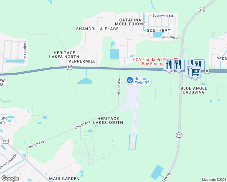 map of restaurants, bars, coffee shops, grocery stores, and more near 9883 Aileron Avenue in Pensacola