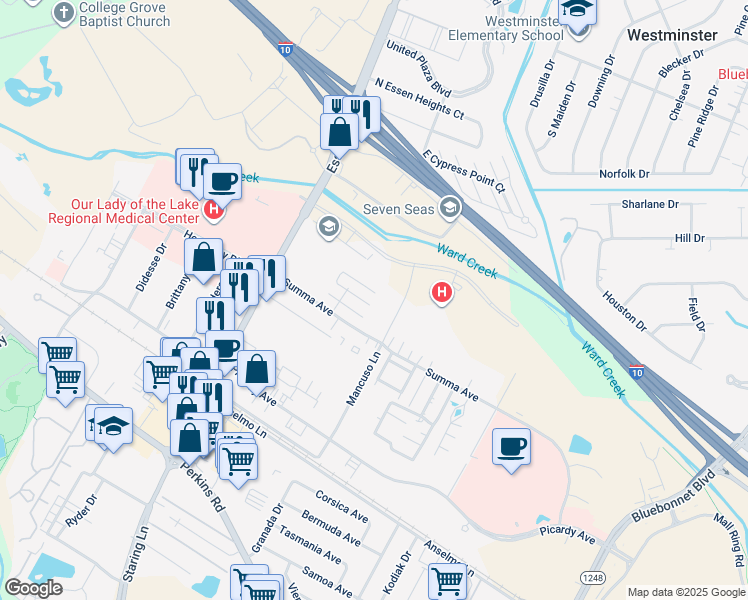 map of restaurants, bars, coffee shops, grocery stores, and more near 8061 Pennth Avenue in Baton Rouge