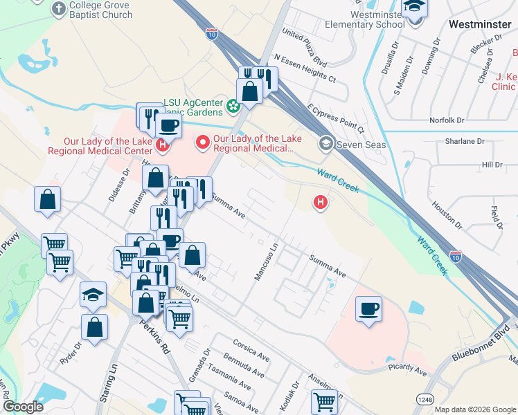 map of restaurants, bars, coffee shops, grocery stores, and more near 8049B Summa Avenue in Baton Rouge
