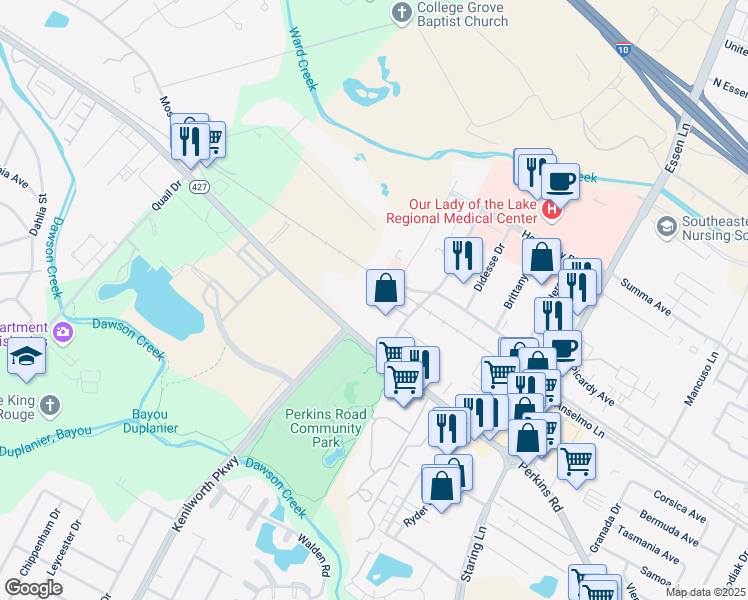 map of restaurants, bars, coffee shops, grocery stores, and more near 7011 Perkins Place Court in Baton Rouge
