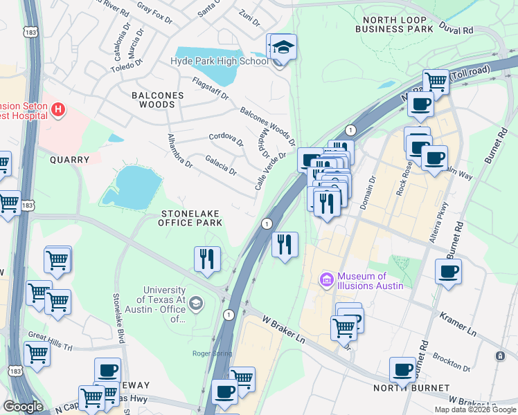 map of restaurants, bars, coffee shops, grocery stores, and more near 11011 Calle Verde Drive in Austin