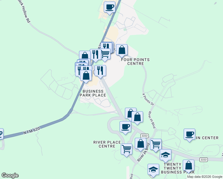 map of restaurants, bars, coffee shops, grocery stores, and more near 11220 Ranch Road 2222 in Austin