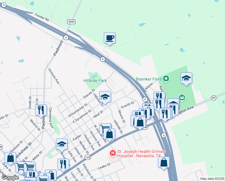 map of restaurants, bars, coffee shops, grocery stores, and more near 602 Wadesway in Navasota