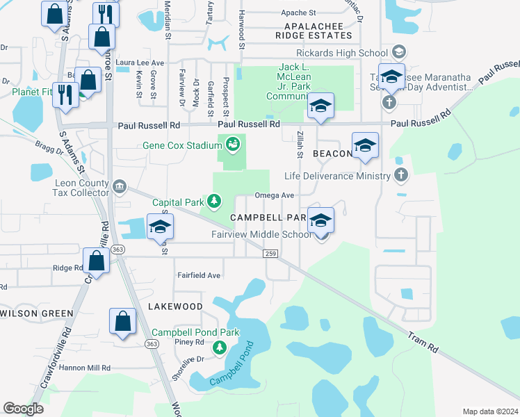 map of restaurants, bars, coffee shops, grocery stores, and more near 3408 Mizell Street in Tallahassee