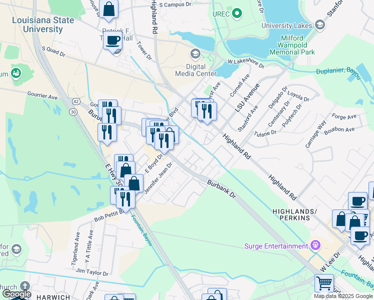 map of restaurants, bars, coffee shops, grocery stores, and more near 389 Jennifer Jean Drive in Baton Rouge