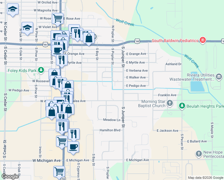 map of restaurants, bars, coffee shops, grocery stores, and more near 417 N Poplar St in Foley