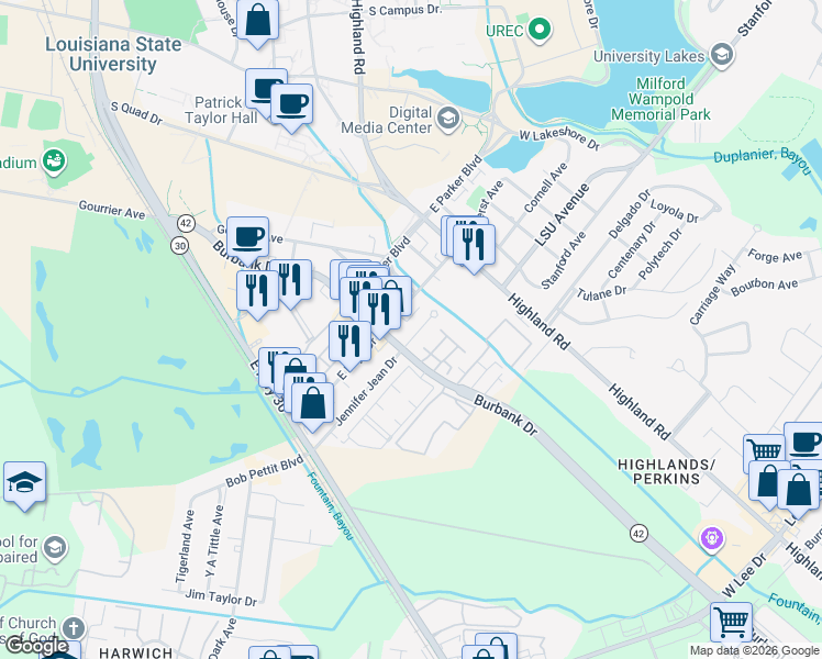 map of restaurants, bars, coffee shops, grocery stores, and more near in Baton Rouge