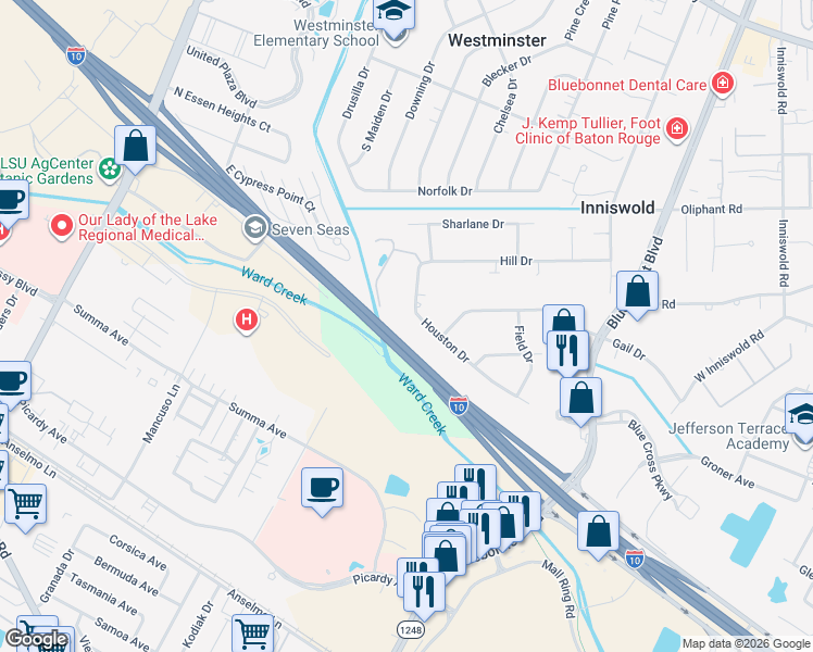 map of restaurants, bars, coffee shops, grocery stores, and more near 5124 Houston Drive in Baton Rouge