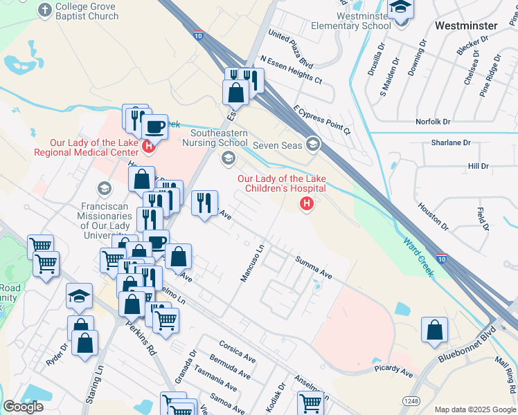 map of restaurants, bars, coffee shops, grocery stores, and more near 8061 Pennth Avenue in Baton Rouge