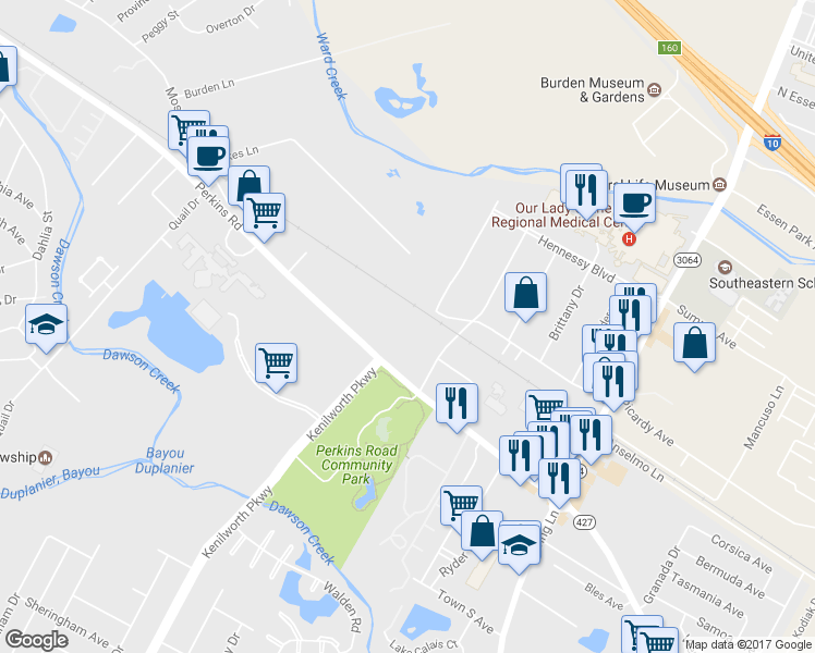 map of restaurants, bars, coffee shops, grocery stores, and more near 7011 Perkins Place Court in Baton Rouge
