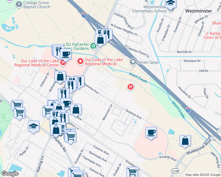 map of restaurants, bars, coffee shops, grocery stores, and more near 8061 Pennth Avenue in Baton Rouge