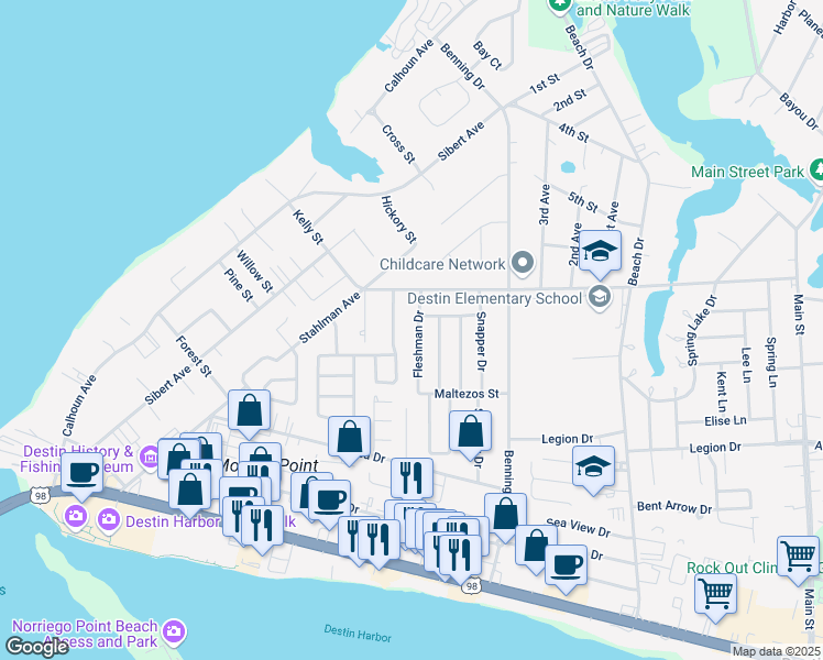 map of restaurants, bars, coffee shops, grocery stores, and more near 435 Fleshman Drive in Destin