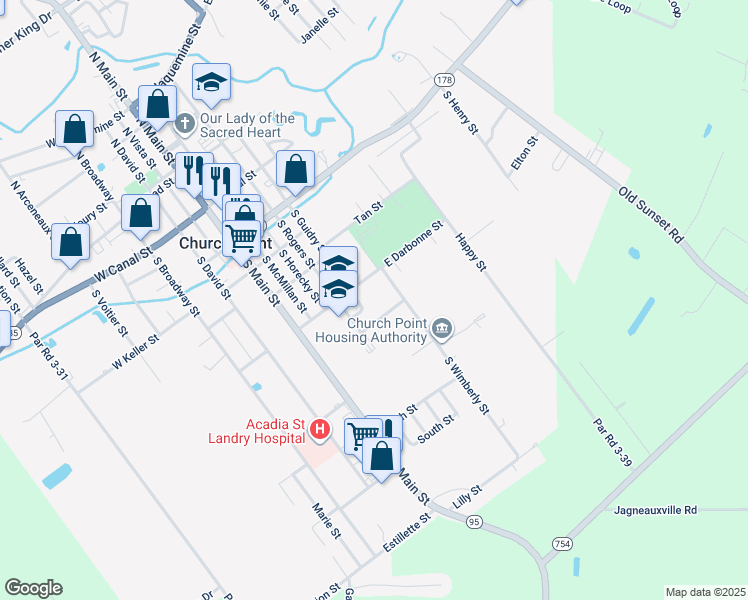 map of restaurants, bars, coffee shops, grocery stores, and more near 415 East Lougarre Street in Church Point