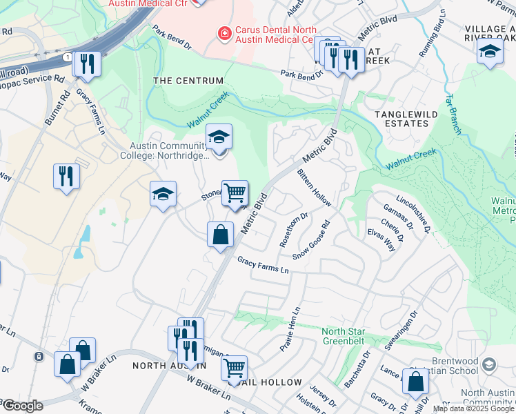 map of restaurants, bars, coffee shops, grocery stores, and more near Metric Boulevard in Austin