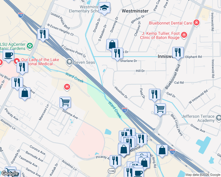 map of restaurants, bars, coffee shops, grocery stores, and more near 5124 Houston Drive in Baton Rouge