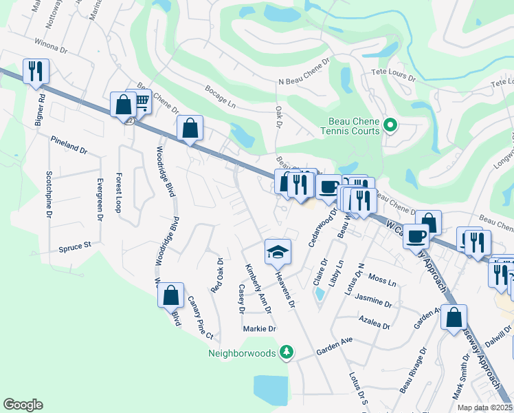 map of restaurants, bars, coffee shops, grocery stores, and more near 721 Heavens Drive in Mandeville