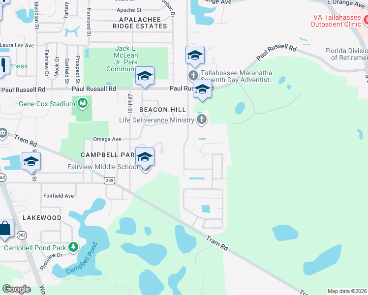 map of restaurants, bars, coffee shops, grocery stores, and more near 3420 Jim Lee Road in Tallahassee