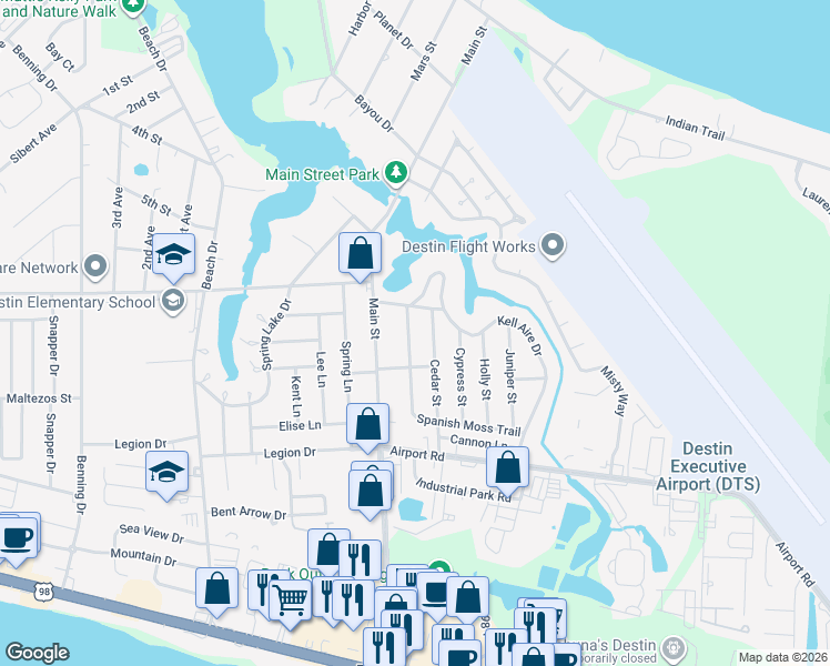 map of restaurants, bars, coffee shops, grocery stores, and more near 404 Spanish Moss Trail in Destin