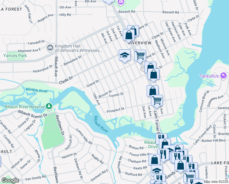 map of restaurants, bars, coffee shops, grocery stores, and more near 8768 6th Avenue in Jacksonville